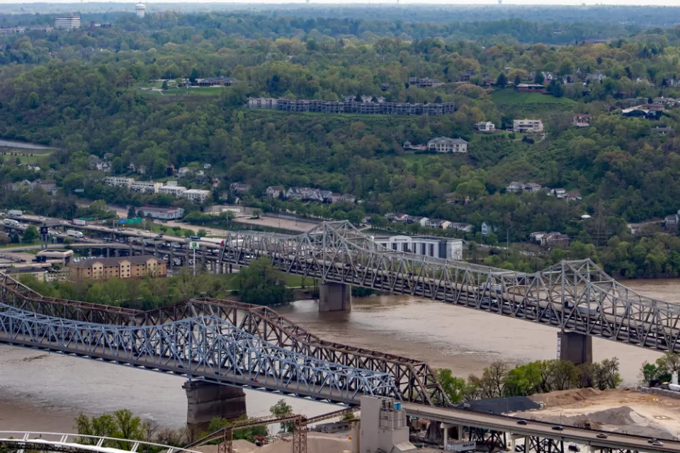 Three bridges span the Ohio River between Covington and Cincinnati.